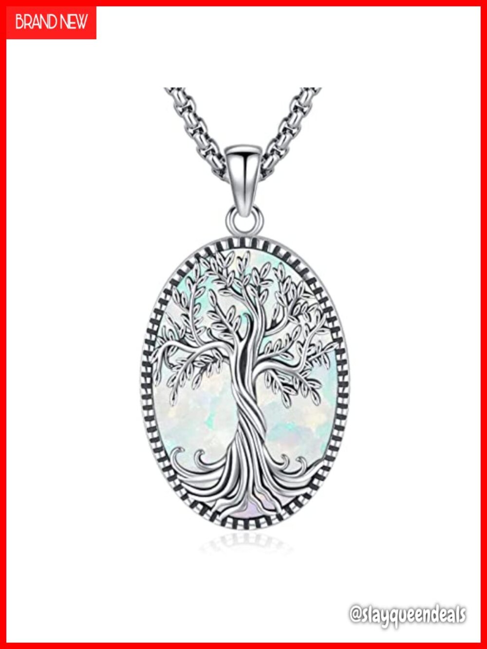 925 Sterling Silver Tree of Life Necklace White Opal Pendant 20in